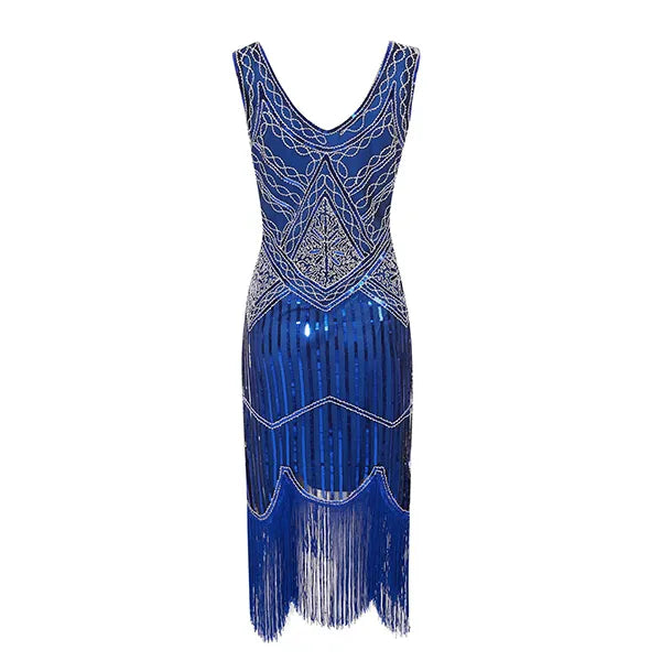 Robe Gatsby 1920 femme | Robe flapper à sequins | Robe soirée à franges | Robe sans manches chic | Robe col en V soirée | Robe à perles Gatsby | Robe rétro soirée femme | Robe franges sans manches | Robe à sequins élégante | Robe vintage Gatsby femme


