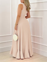 Elegant deep v-neck maxi dress asymmetrical hem detail