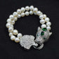 set 2rows freshwater pearl white near round 8-9mm 17-19inch necklace bracelet FPPJ  green zircon clasp