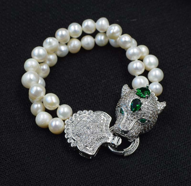 set 2rows freshwater pearl white near round 8-9mm 17-19inch necklace bracelet FPPJ  green zircon clasp