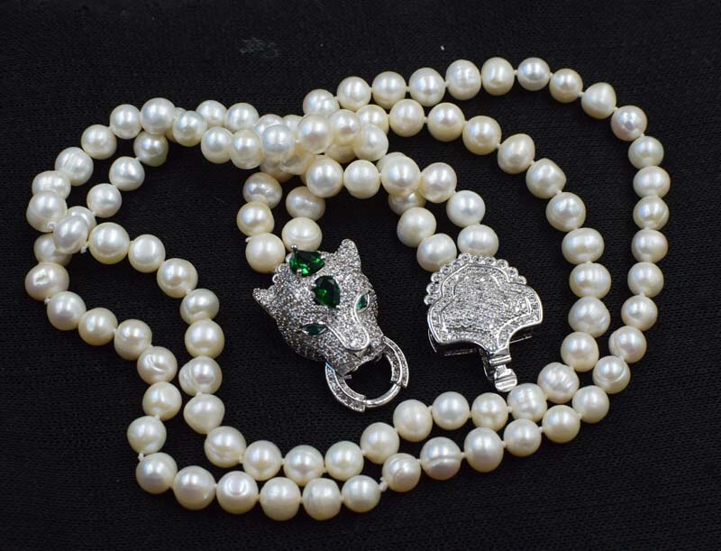 set 2rows freshwater pearl white near round 8-9mm 17-19inch necklace bracelet FPPJ  green zircon clasp