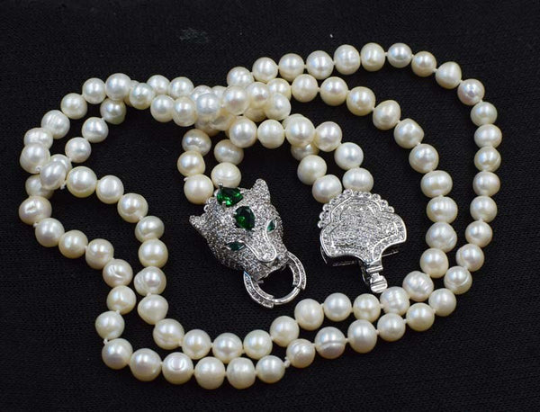 Collier perles 2 rangs | Bracelet perles blanches | Perles 8-9mm rondes | Fermoir zircon vert | Parure perles FPPJ | Collier femme élégant | Bijoux perles naturelles | Collier 43-48cm | Bracelet perles chic | Collier double rang perles