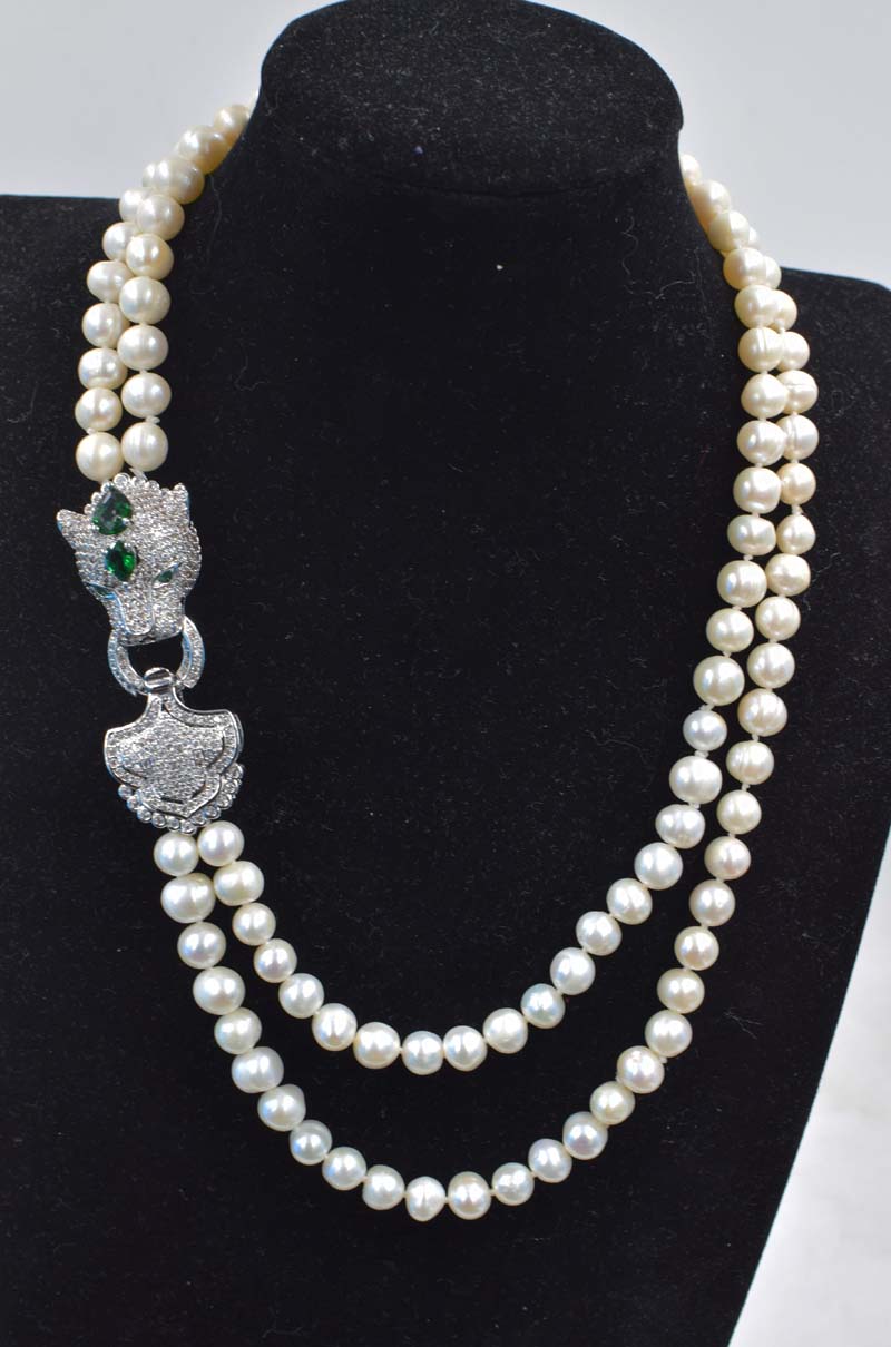 Collier perles 2 rangs | Bracelet perles blanches | Perles 8-9mm rondes | Fermoir zircon vert | Parure perles FPPJ | Collier femme élégant | Bijoux perles naturelles | Collier 43-48cm | Bracelet perles chic | Collier double rang perles