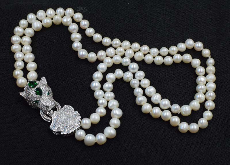 set 2rows freshwater pearl white near round 8-9mm 17-19inch necklace bracelet FPPJ  green zircon clasp