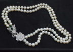 Collier perles 2 rangs | Bracelet perles blanches | Perles 8-9mm rondes | Fermoir zircon vert | Parure perles FPPJ | Collier femme élégant | Bijoux perles naturelles | Collier 43-48cm | Bracelet perles chic | Collier double rang perles
