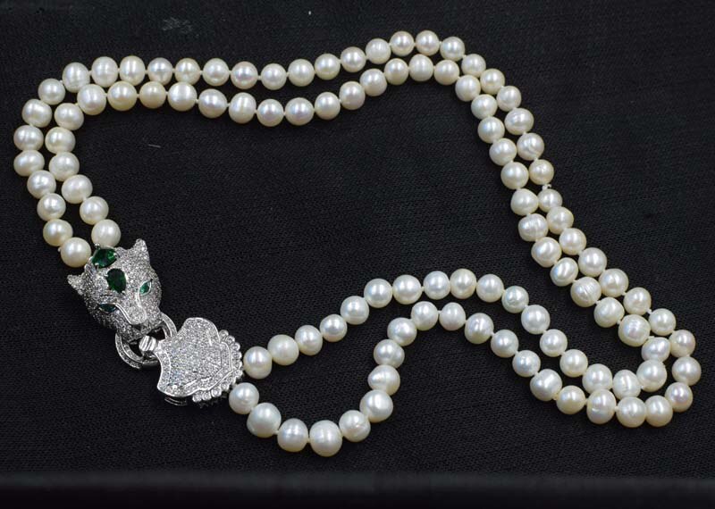 Collier perles 2 rangs | Bracelet perles blanches | Perles 8-9mm rondes | Fermoir zircon vert | Parure perles FPPJ | Collier femme élégant | Bijoux perles naturelles | Collier 43-48cm | Bracelet perles chic | Collier double rang perles