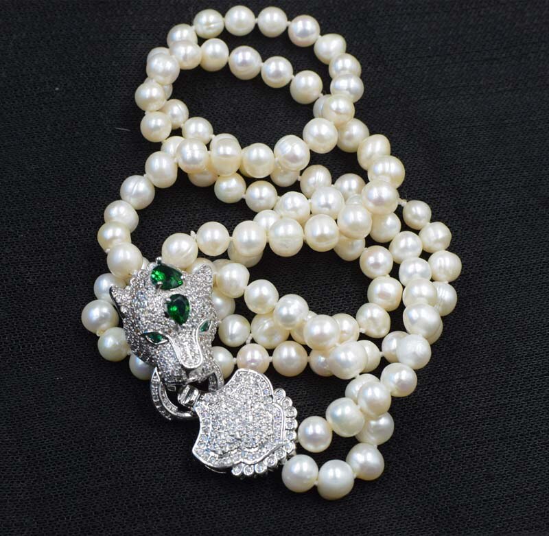 Collier perles 2 rangs | Bracelet perles blanches | Perles 8-9mm rondes | Fermoir zircon vert | Parure perles FPPJ | Collier femme élégant | Bijoux perles naturelles | Collier 43-48cm | Bracelet perles chic | Collier double rang perles