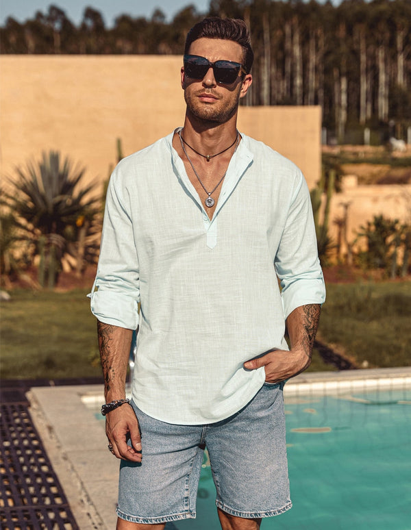 Chemise homme lin coton manches longues | Blouse décontractée homme printemps | Chemise henley homme ample | Haut homme casual manches longues | Chemise lin homme automne | Chemise décontractée coton homme | Chemise homme printemps automne | Chemise loose homme manches longues | Blouse coton lin homme décontractée | Chemise henley printemps homme