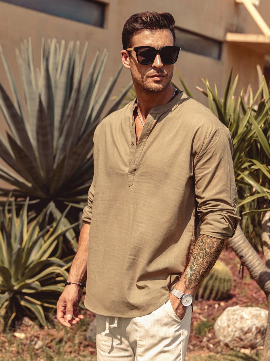 Chemise homme lin coton manches longues | Blouse décontractée homme printemps | Chemise henley homme ample | Haut homme casual manches longues | Chemise lin homme automne | Chemise décontractée coton homme | Chemise homme printemps automne | Chemise loose homme manches longues | Blouse coton lin homme décontractée | Chemise henley printemps homme